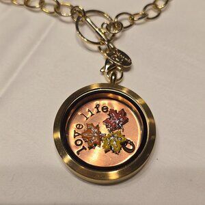 Origami Owl Gold Locket chain necklace with three Maple Leaf floating charms